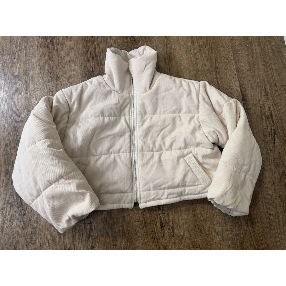 Miou Muse Cream Corduroy Puffer Jacket Size S/M Quilted Zip Up J1064